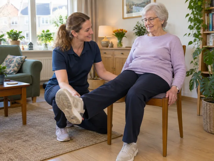 Fysiotherapie aan huis bij een oudere dame