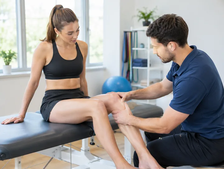 Sportfysiotherapeut onderzoekt de knie van een hardloopster