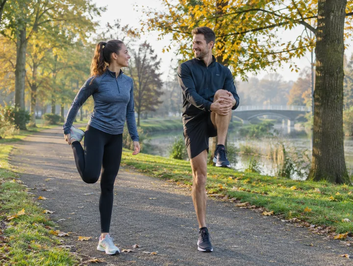 Twee hardlopers doen een warming-up in het park