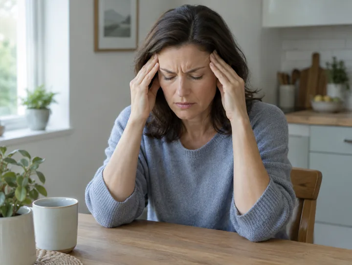 Vrouw met spanningshoofdpijn aan de keukentafel