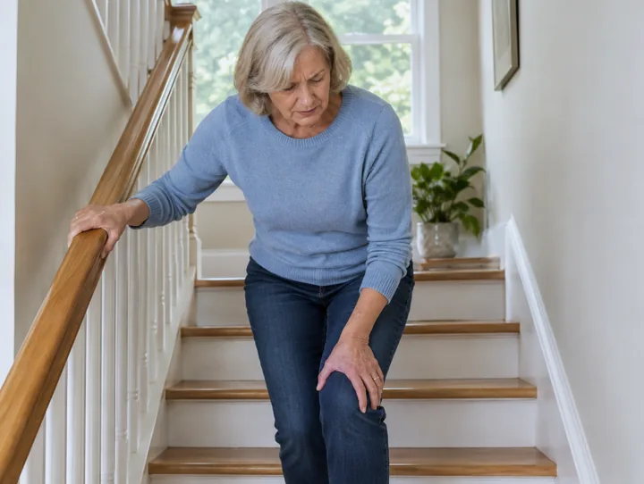 Vrouw pauzeert op de trap met haar hand op haar knie