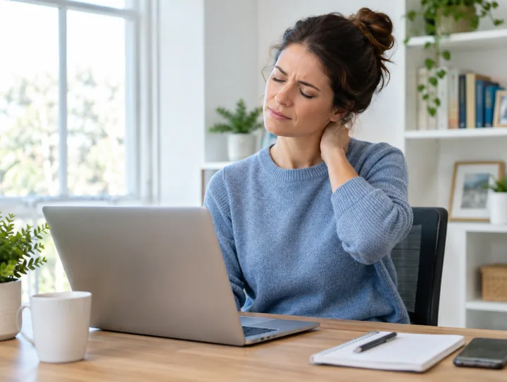 Vrouw wrijft over haar stijve nek achter een laptop