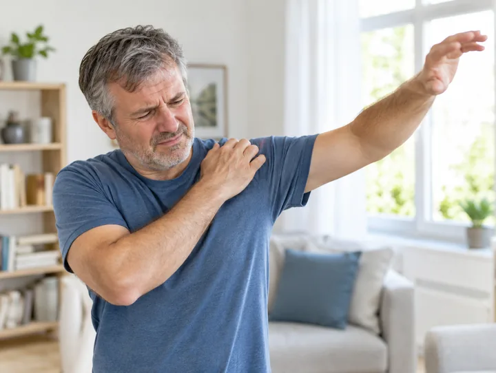 Man houdt zijn pijnlijke schouder vast bij het heffen van zijn arm