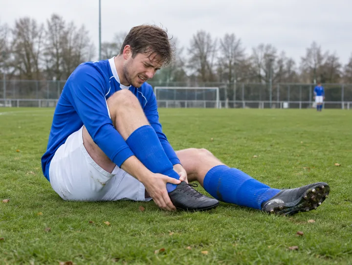 Voetballer zit op het gras en houdt zijn enkel vast